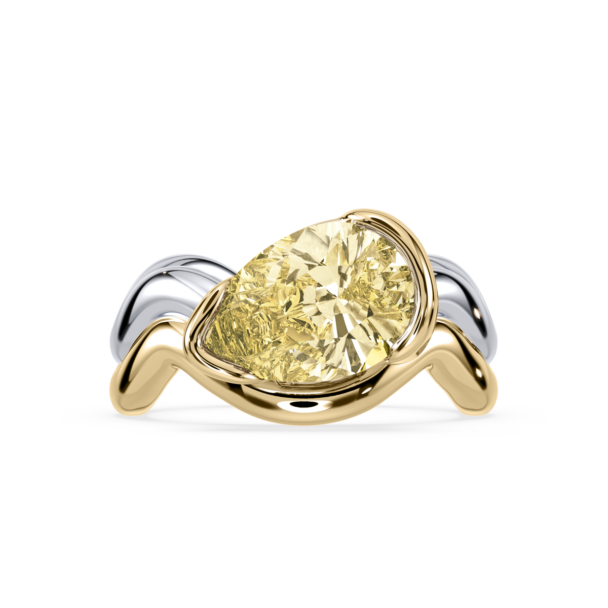 Light yellow pear-shaped diamond ring in a sculptural gold setting on a neutral background.