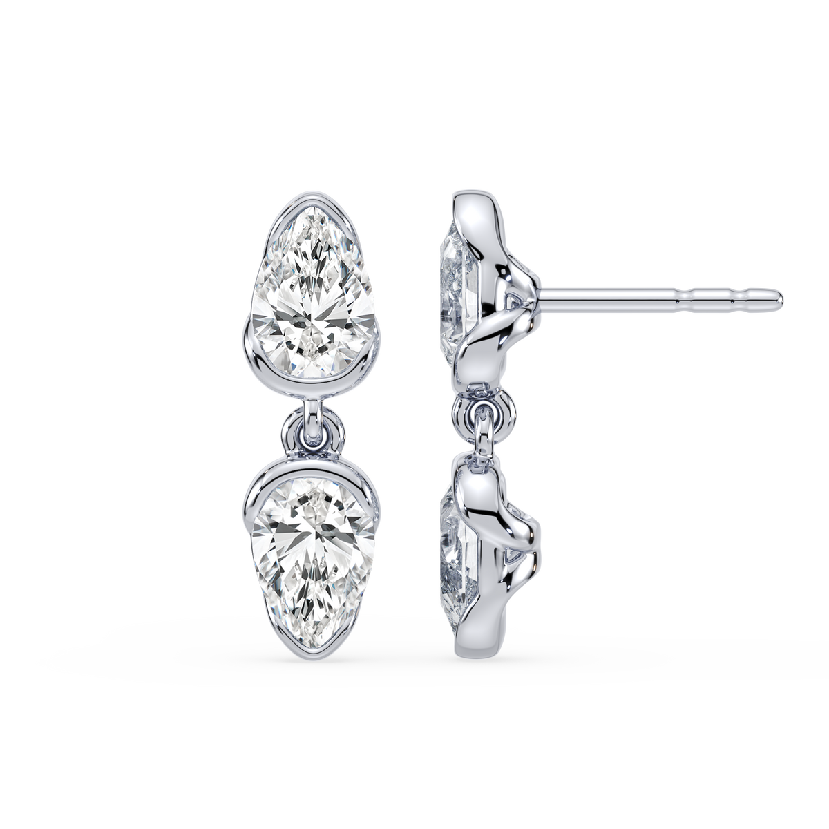 SETTE Coquette Drop earrings in 14K white gold with two pear lab diamonds set in half-bezel baskets connected by double jump rings, shown in front view and side profile.