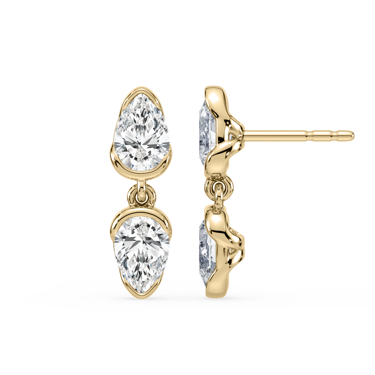 SETTE Coquette Drop earrings in 14K yellow gold with two pear lab diamonds set in half-bezel baskets connected by double jump rings, shown in front view and side profile.