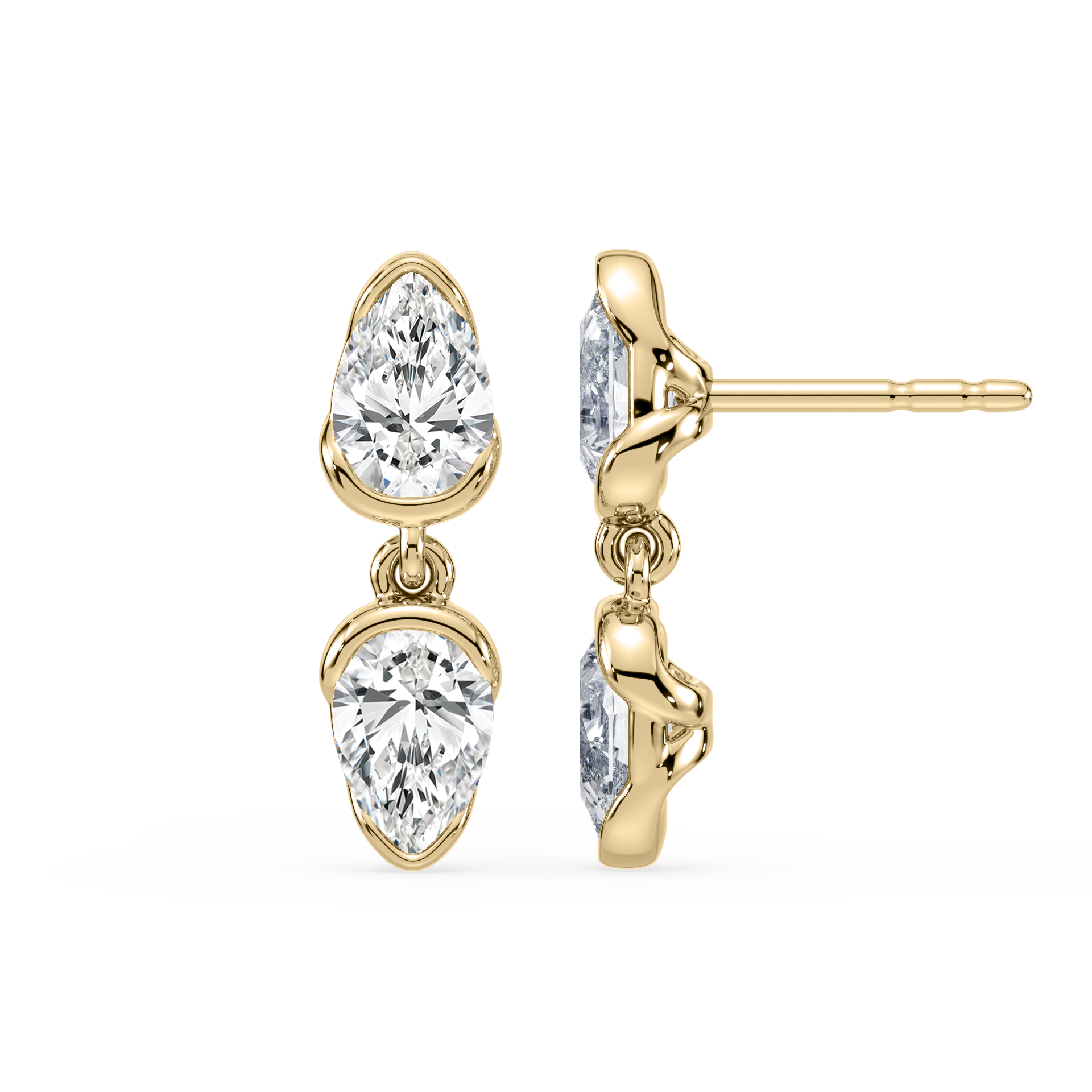 SETTE Coquette Drop earrings in 14K yellow gold with two pear lab diamonds set in half-bezel baskets connected by double jump rings, shown in front view and side profile.