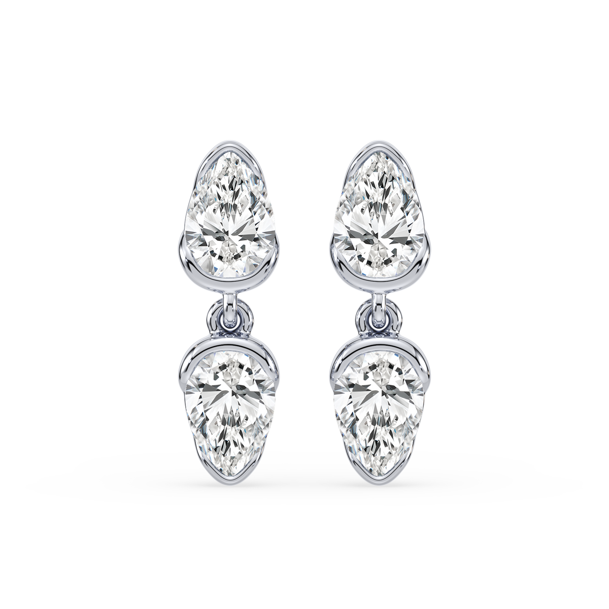 Pair of SETTE Coquette Drop earrings in 14K yellow gold shown front-facing, each earring featuring two pear lab diamonds in half-bezel baskets joined by double jump rings.