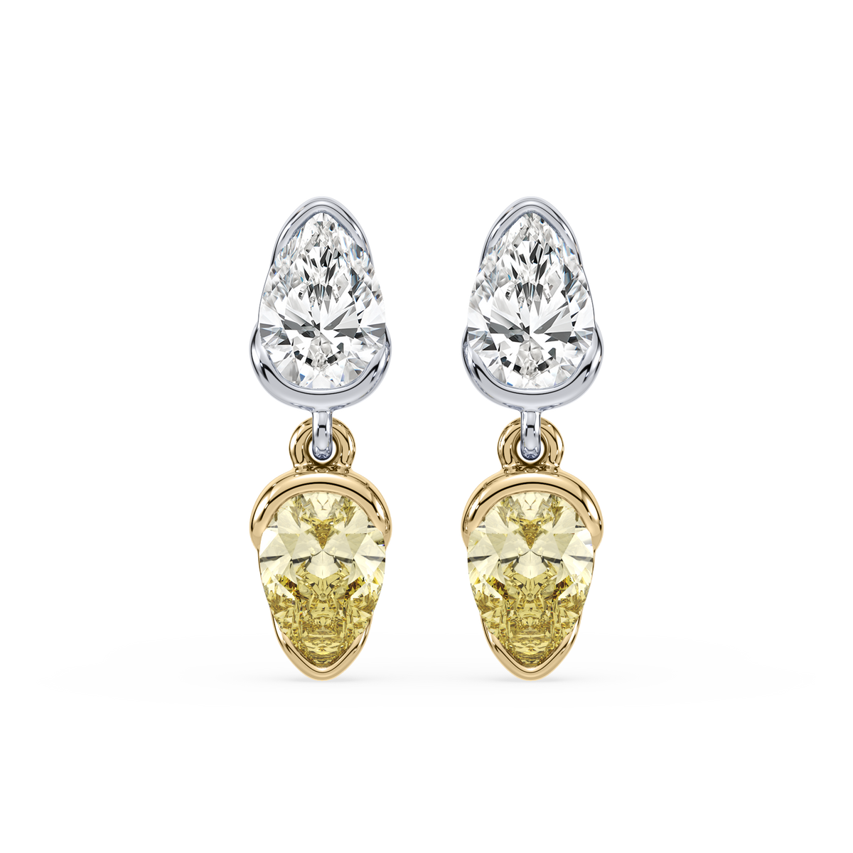 SETTE Coquette Drop earrings in two-tone 14K gold. A white pear lab diamond in a white gold half-bezel basket sits above a yellow pear lab diamond in a yellow gold half-bezel basket, connected by double jump rings.
