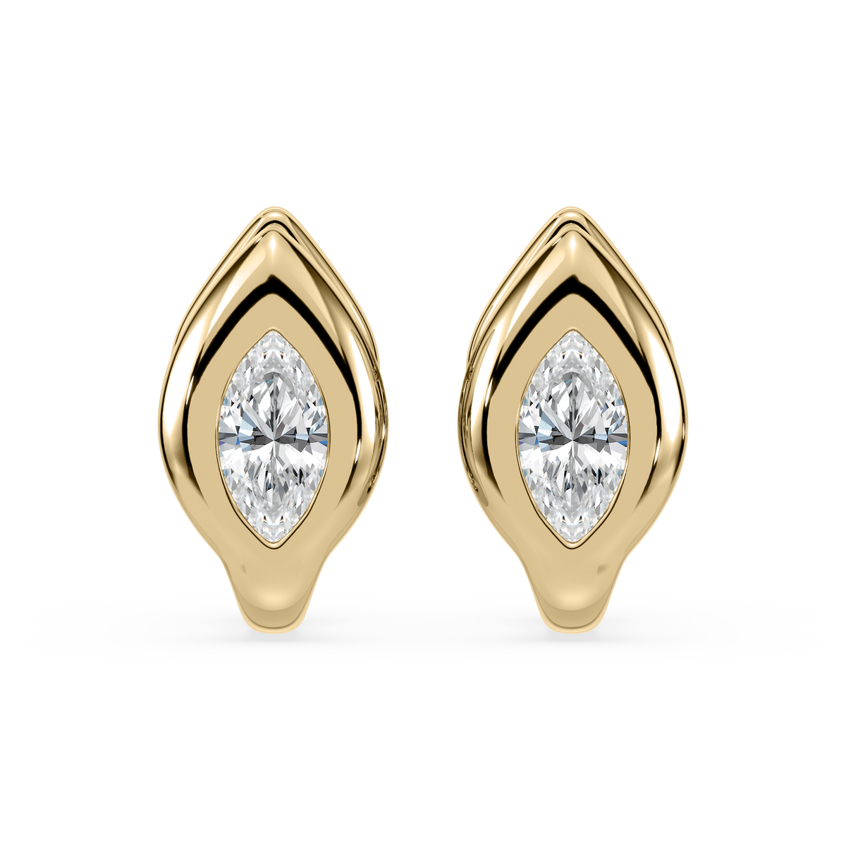 SETTE Lueur Huggie marquise white lab diamond earrings in 14K yellow gold, front view of the matched pair