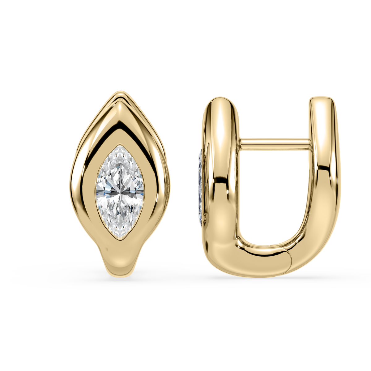 SETTE Lueur Huggie marquise white lab diamond earrings in 14K yellow gold, side and front view showing the hinged huggie closure