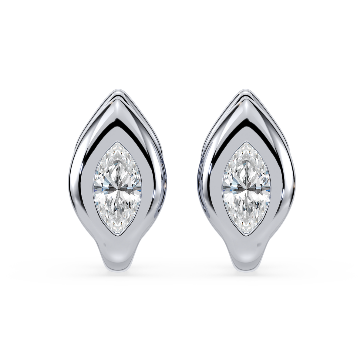 SETTE Lueur Huggie marquise white lab diamond earrings in 14K white gold, front view of the matched pair
