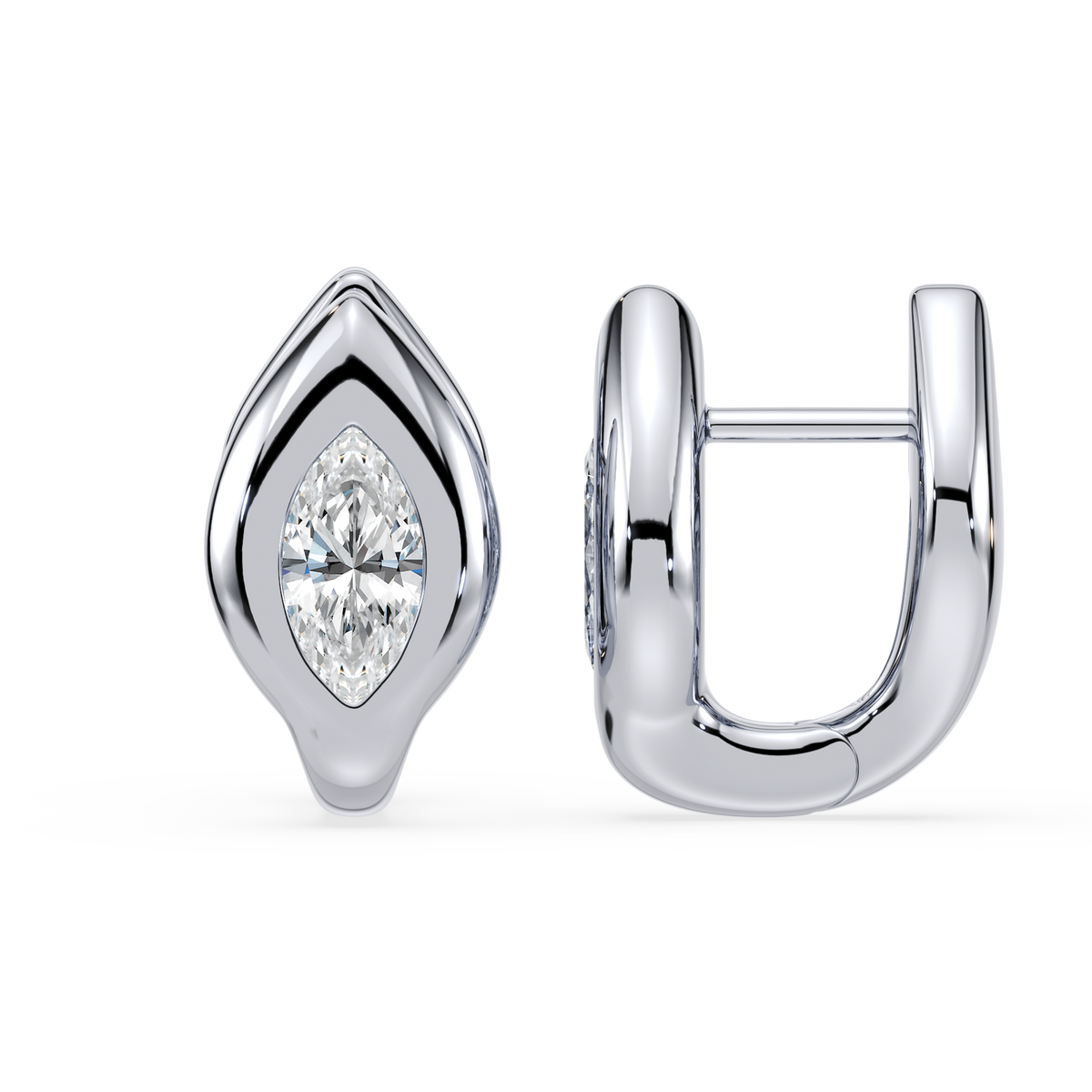 SETTE Lueur Huggie marquise white lab diamond earrings in 14K white gold, side and front view showing the hinged huggie closure