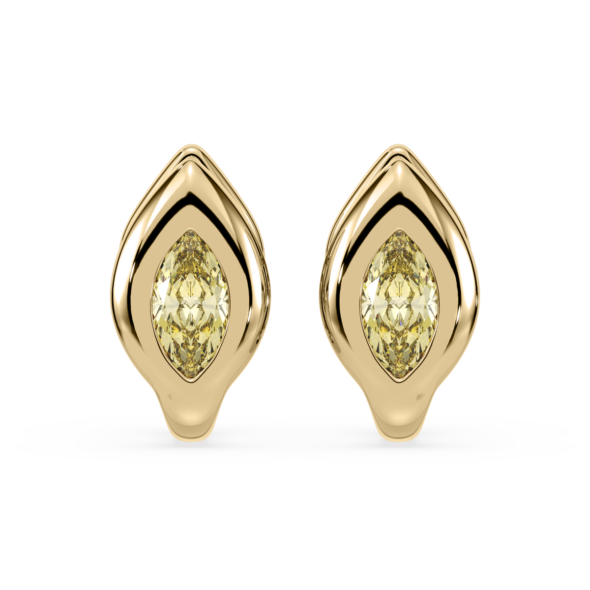 SETTE Lueur Huggie yellow marquise lab diamond earrings in 14K yellow gold, front view of the matched pair