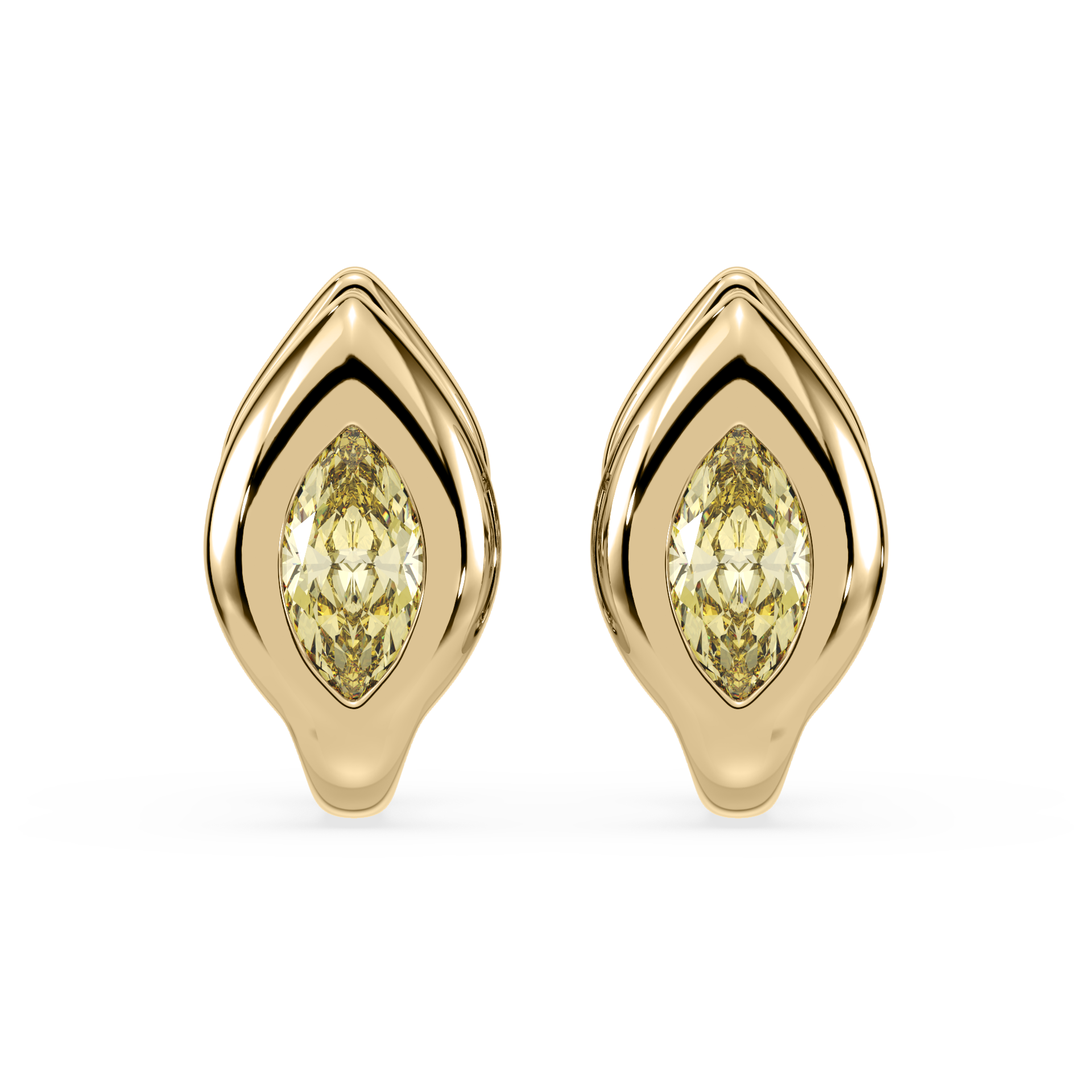 SETTE Lueur Huggie yellow marquise lab diamond earrings in 14K yellow gold, front view of the matched pair